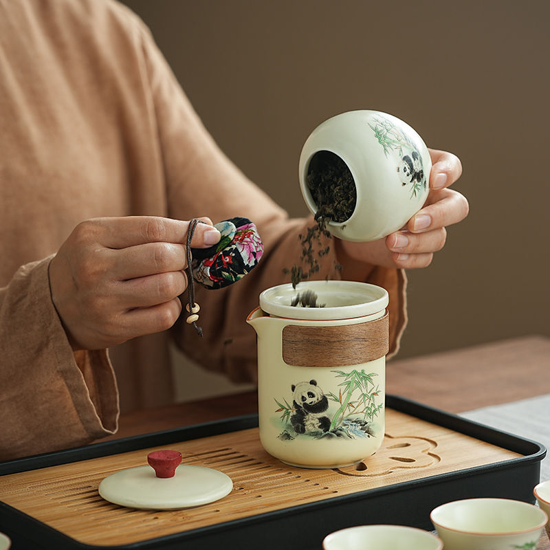 古樸禪意【熊貓黃玉汝窯】便攜式戶外旅行茶具 商務 禮盒 家用 品味百態人生！